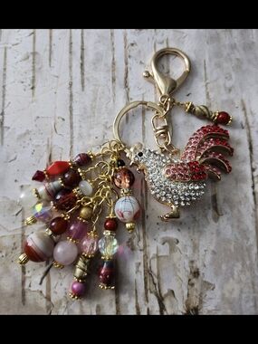 Rhinestone Rooster Purse Charm or Keychain Quartz Carnelian Stone Handcrafted